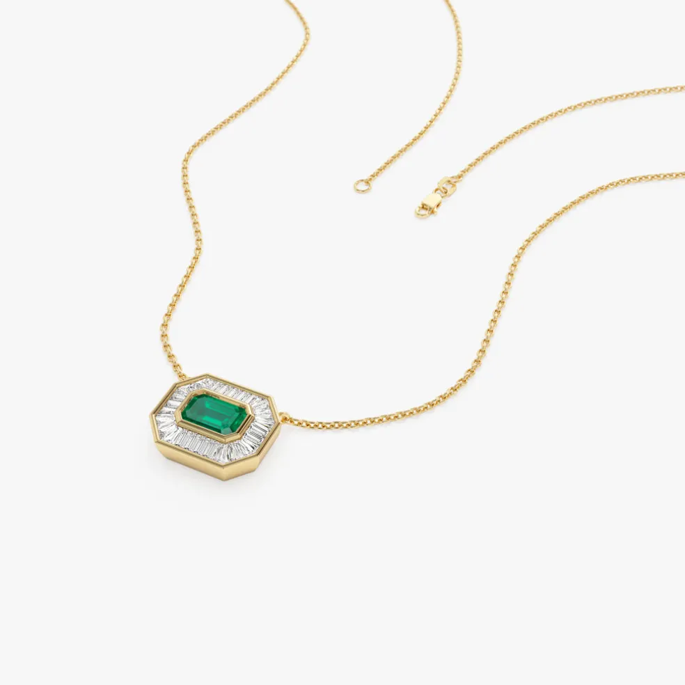 14k Baguette Halo Emerald Necklace