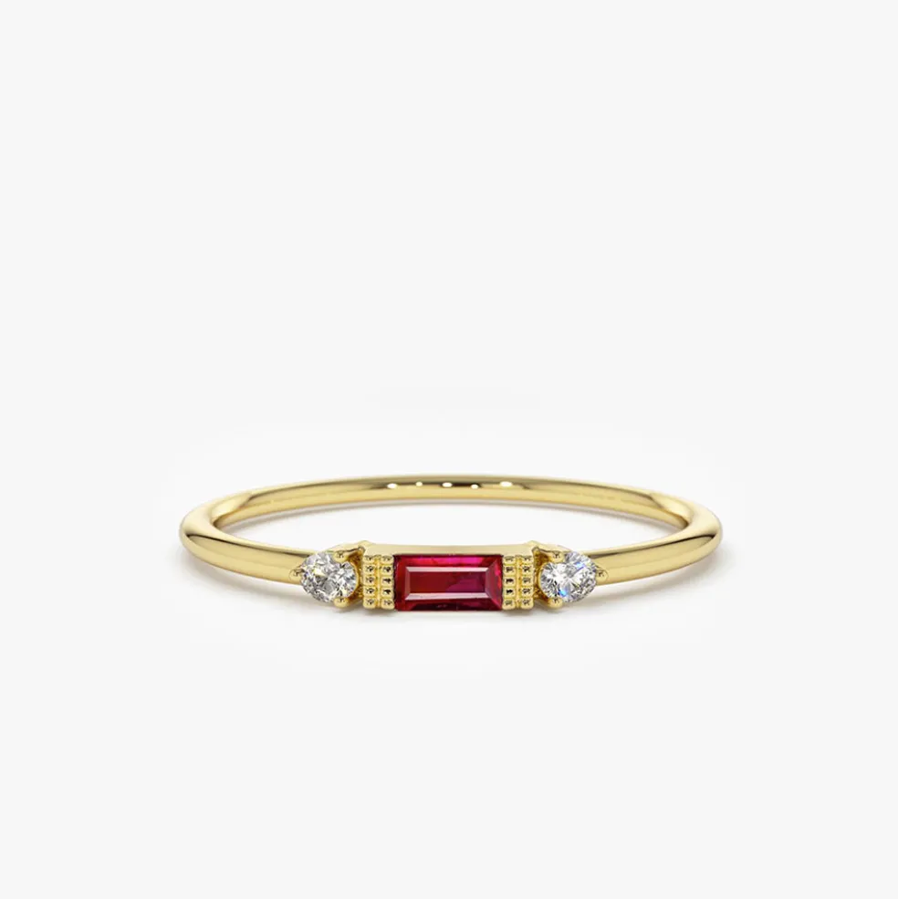 14K Baguette Ruby With Diamond Ring