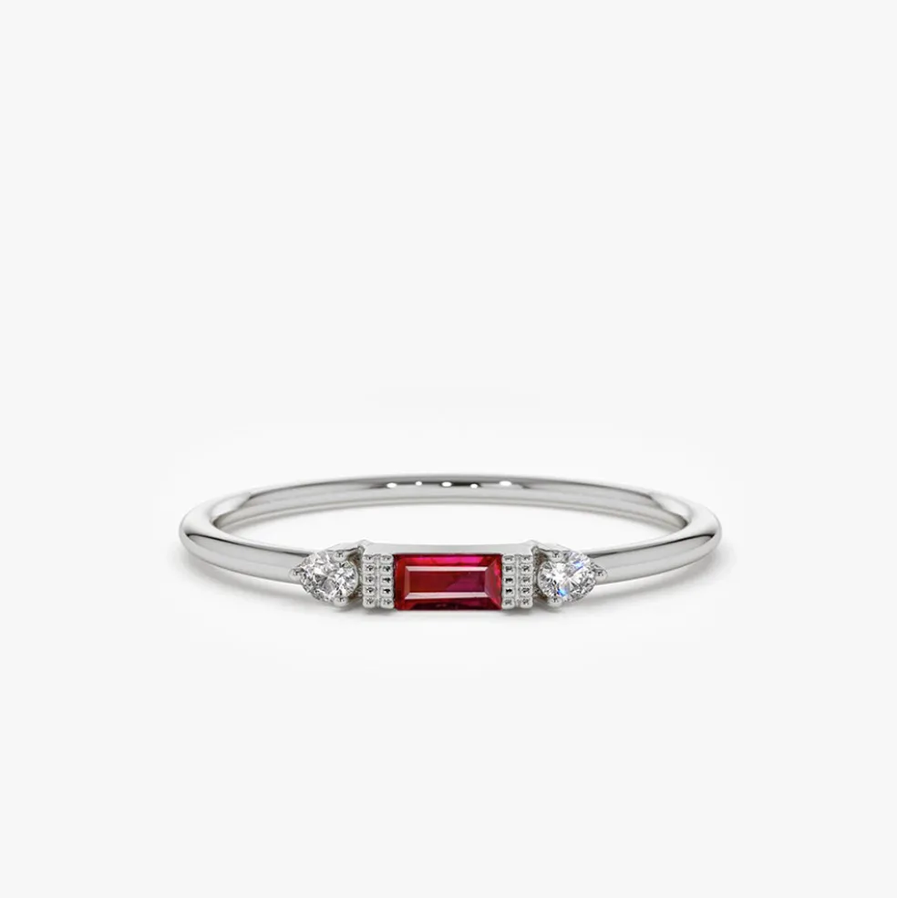 14K Baguette Ruby With Diamond Ring
