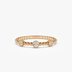 14k Bead Band Ring with Three Bezel Setting Diamonds