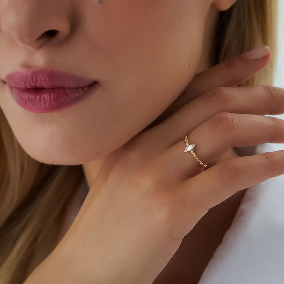 14k Beaded Baguette and Round Diamond Stacking Ring