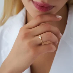 14k Beaded Baguette and Round Diamond Stacking Ring