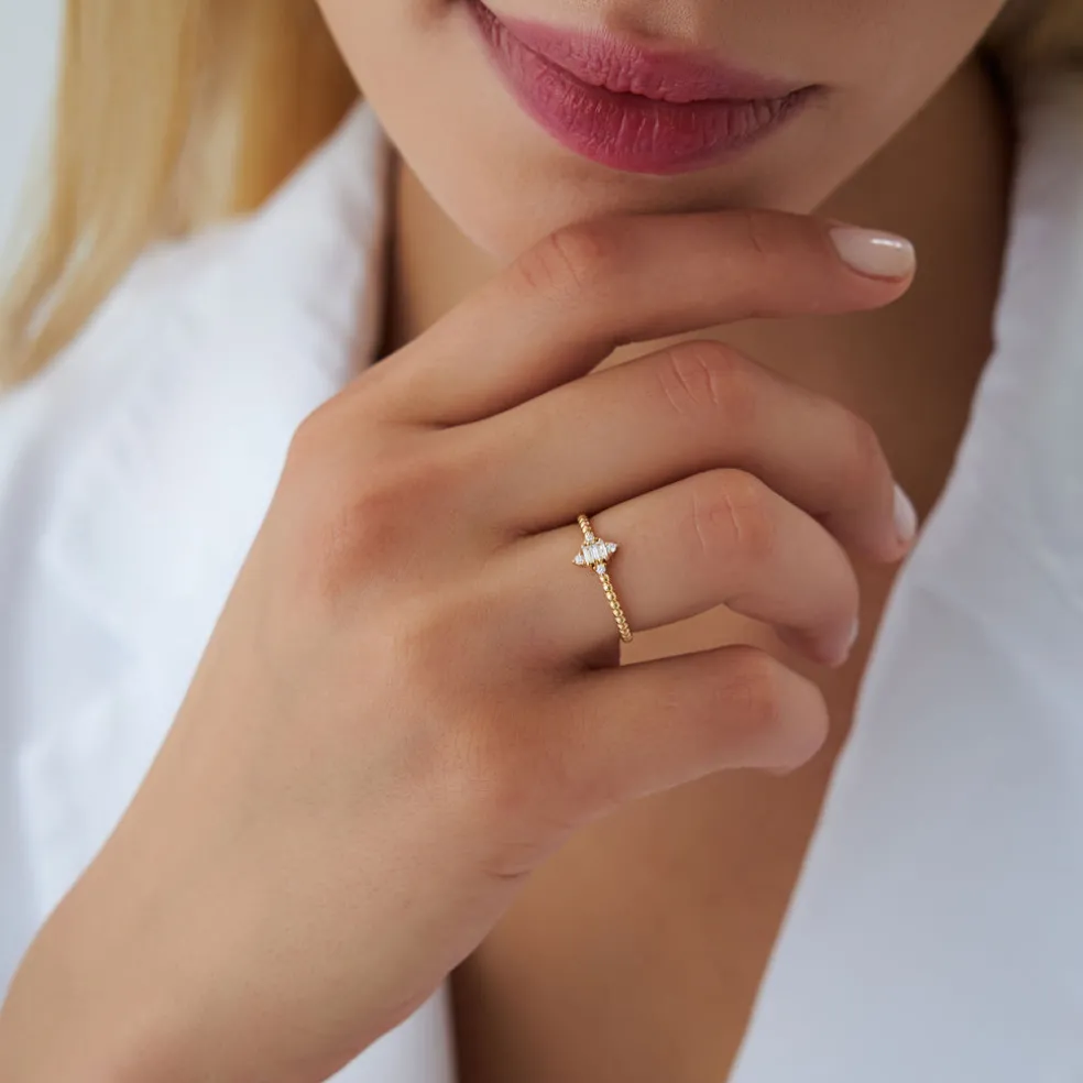 14k Beaded Baguette and Round Diamond Stacking Ring