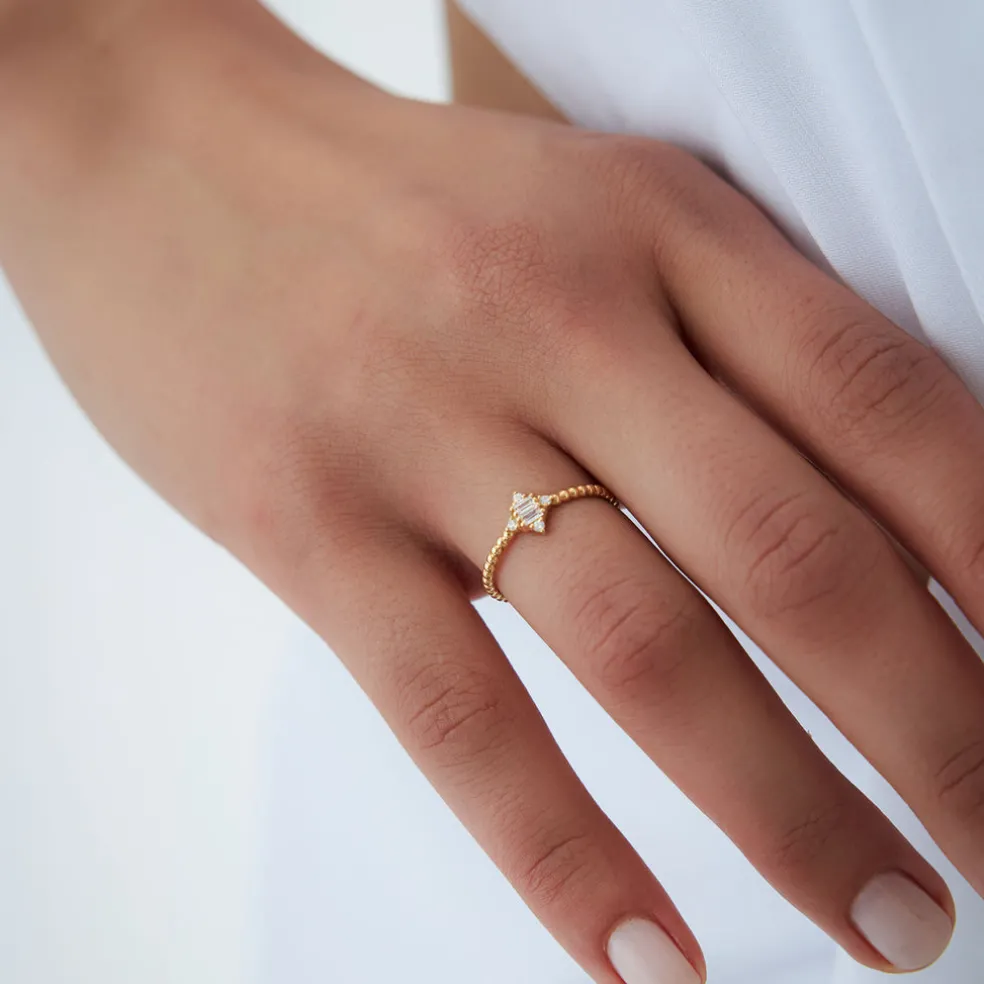 14k Beaded Baguette and Round Diamond Stacking Ring