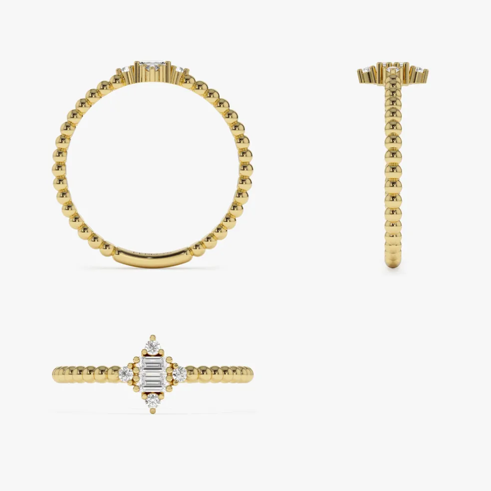 14k Beaded Baguette and Round Diamond Stacking Ring