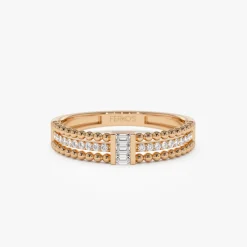 14k Beaded Baguette and Round Diamond Ring