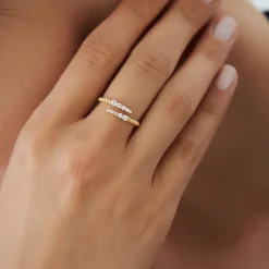 14k Beaded Diamond Cross Over Ring