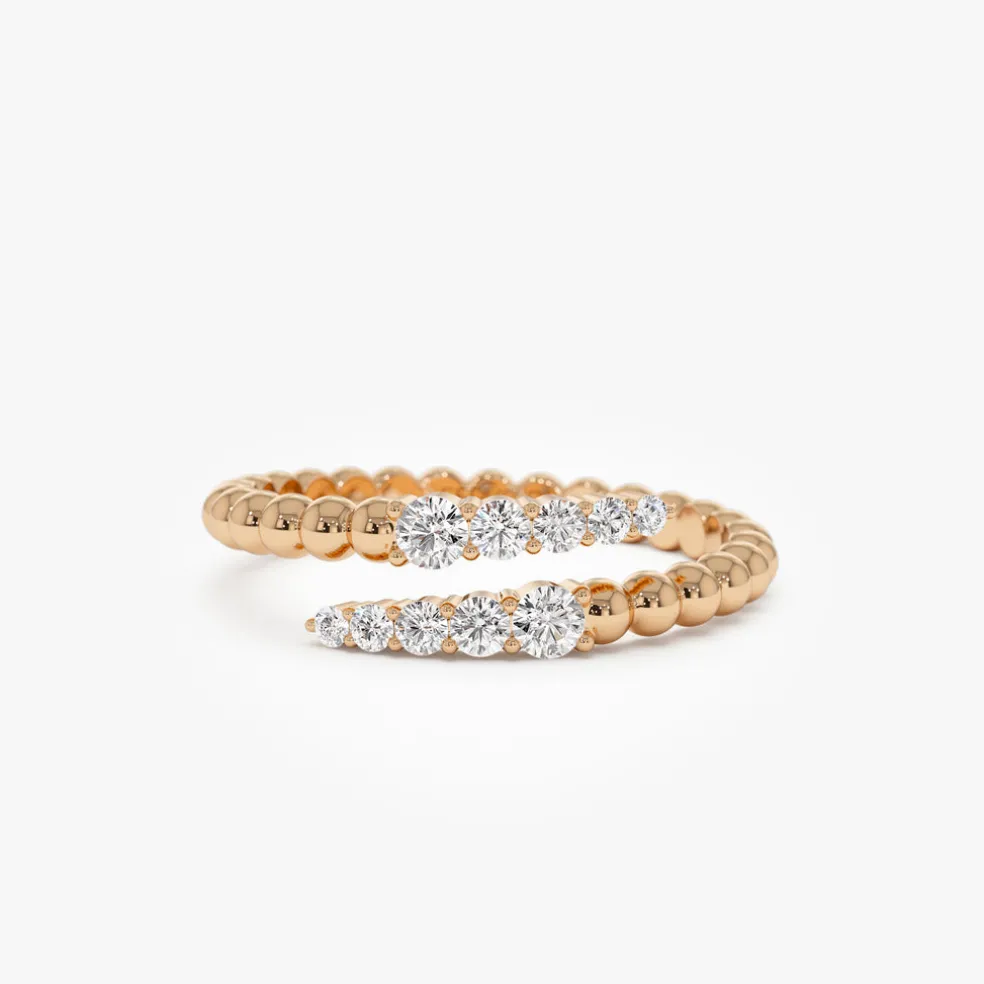 14k Beaded Diamond Cross Over Ring