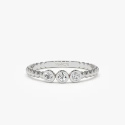14k Beaded Three Stone Diamond Ring