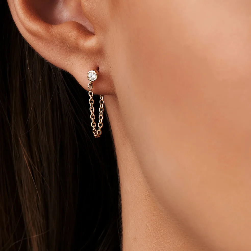 14k Bezel Setting Diamond Studs Chain Earrings