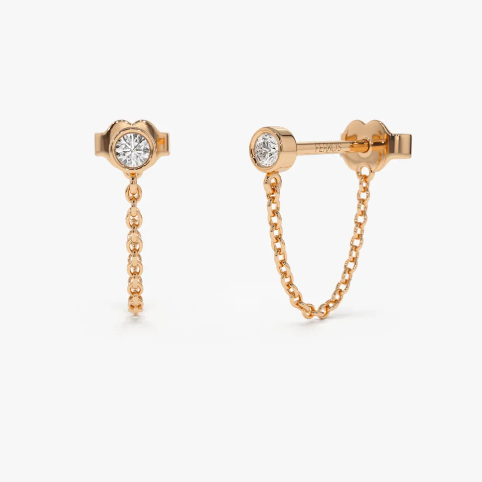 14k Bezel Setting Diamond Studs Chain Earrings