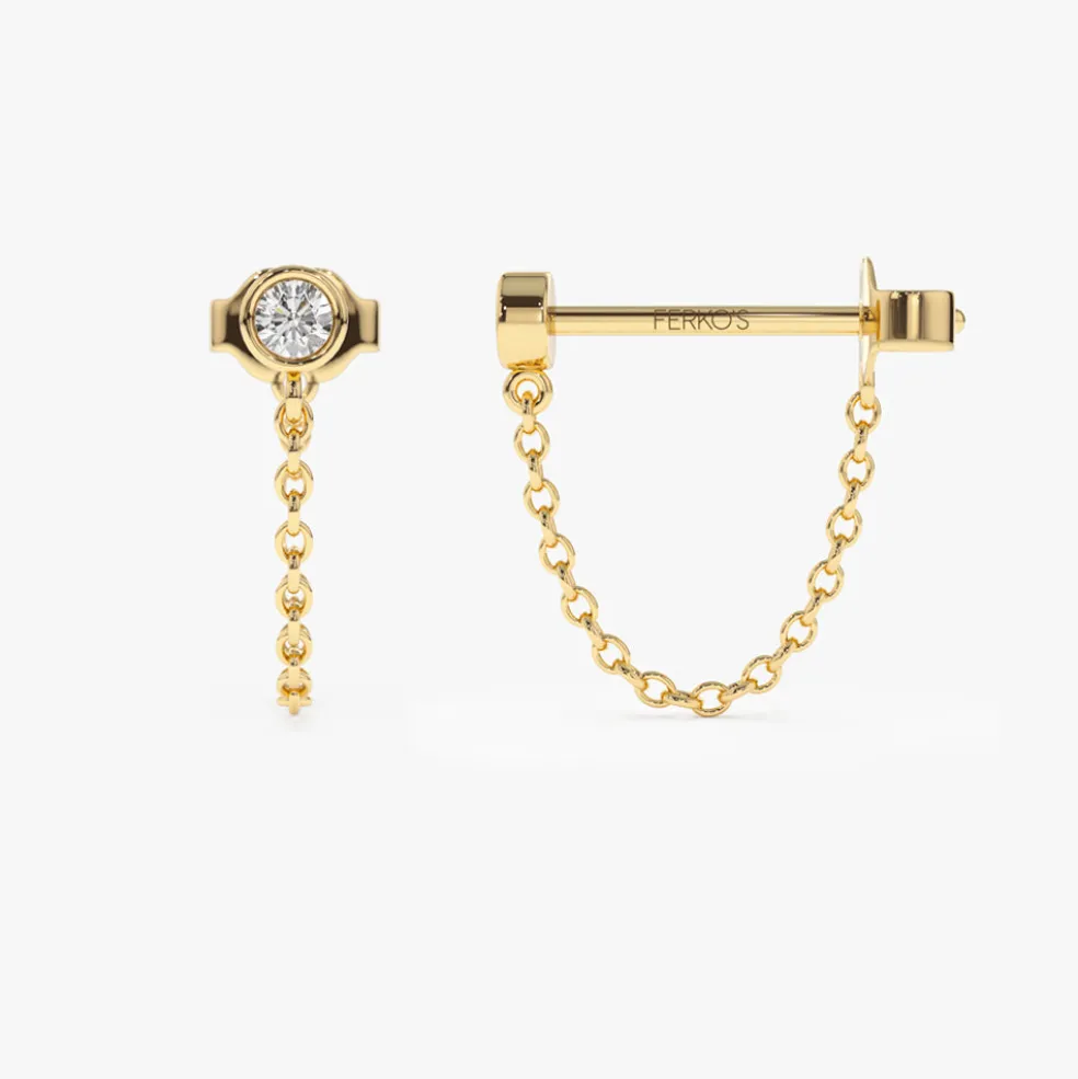 14k Bezel Setting Diamond Studs Chain Earrings