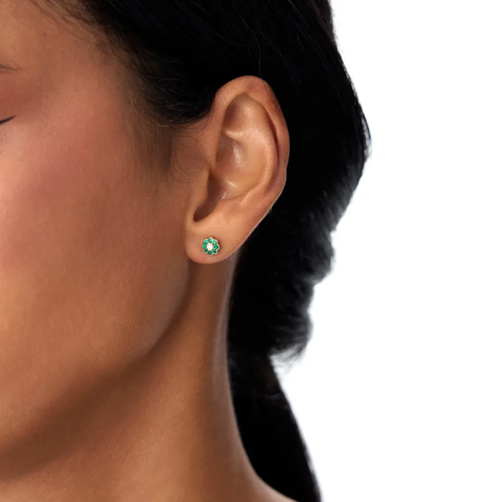 14K Bezel Setting Emerald Flower Diamond Studs