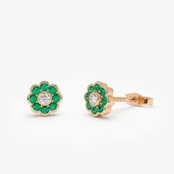14K Bezel Setting Emerald Flower Diamond Studs