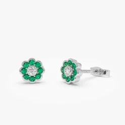 14K Bezel Setting Emerald Flower Diamond Studs