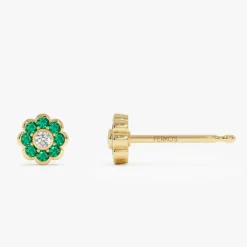 14K Bezel Setting Emerald Flower Diamond Studs