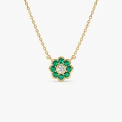 14K Bezel Setting Emerald Flower Diamond Necklace