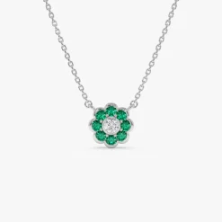 14K Bezel Setting Emerald Flower Diamond Necklace