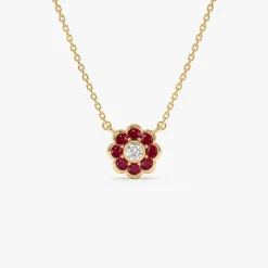 14K Bezel Setting Ruby Flower Diamond Necklace