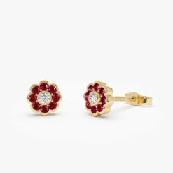 14K Bezel Setting Ruby Flower Diamond Studs