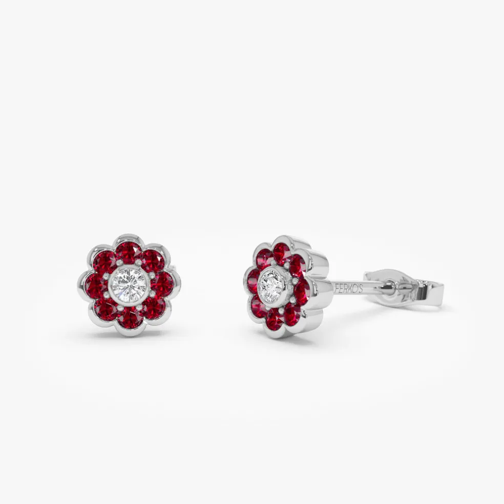 14K Bezel Setting Ruby Flower Diamond Studs