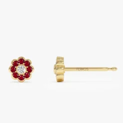 14K Bezel Setting Ruby Flower Diamond Studs