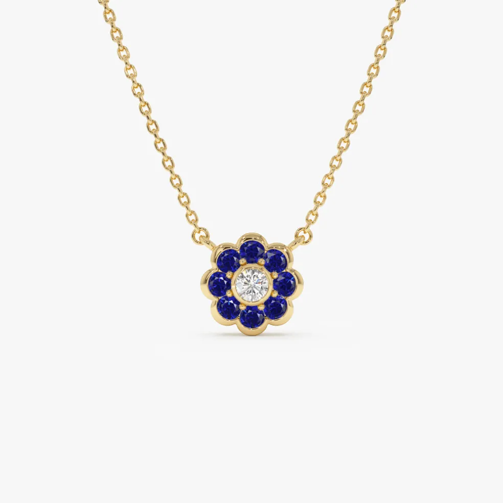 14K Bezel Setting Sapphire Flower Diamond Necklace