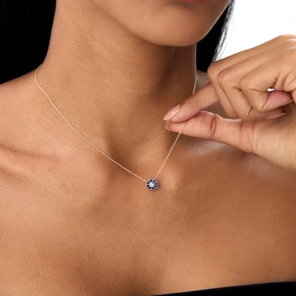 14K Bezel Setting Sapphire Flower Diamond Necklace