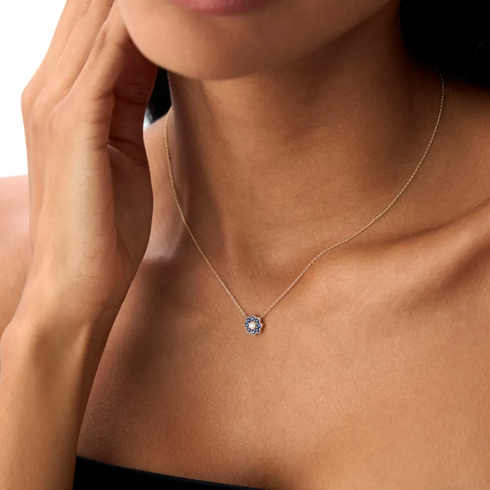 14K Bezel Setting Sapphire Flower Diamond Necklace