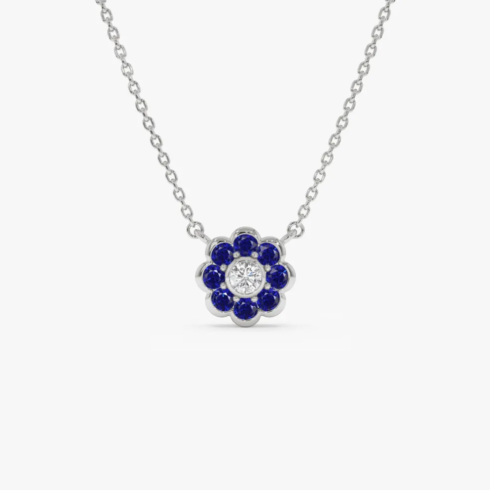 14K Bezel Setting Sapphire Flower Diamond Necklace