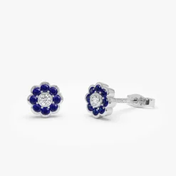 14K Bezel Setting Sapphire Flower Diamond Studs