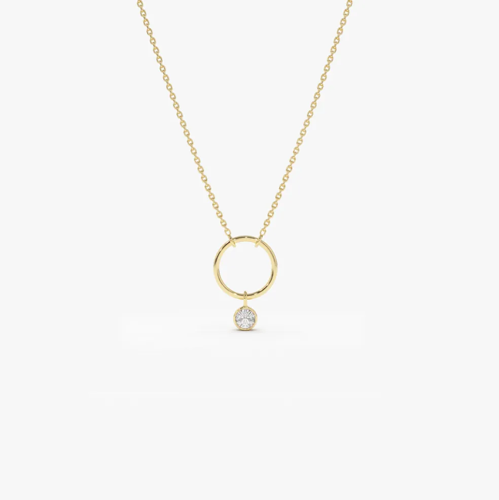14K Circle Necklace with Bezel Set Diamond