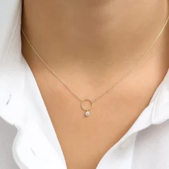 14K Circle Necklace with Bezel Set Diamond