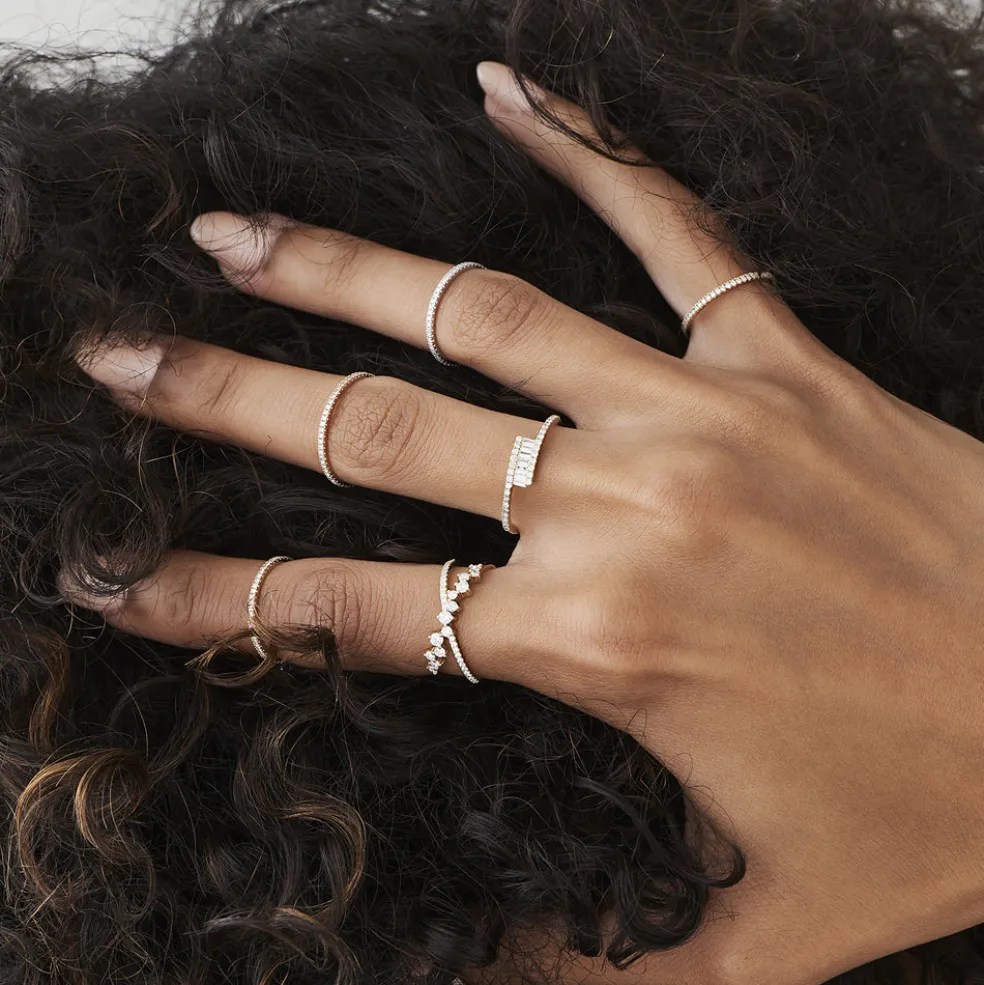 14k Cross Over Baguette Diamond Ring with Pave Diamonds