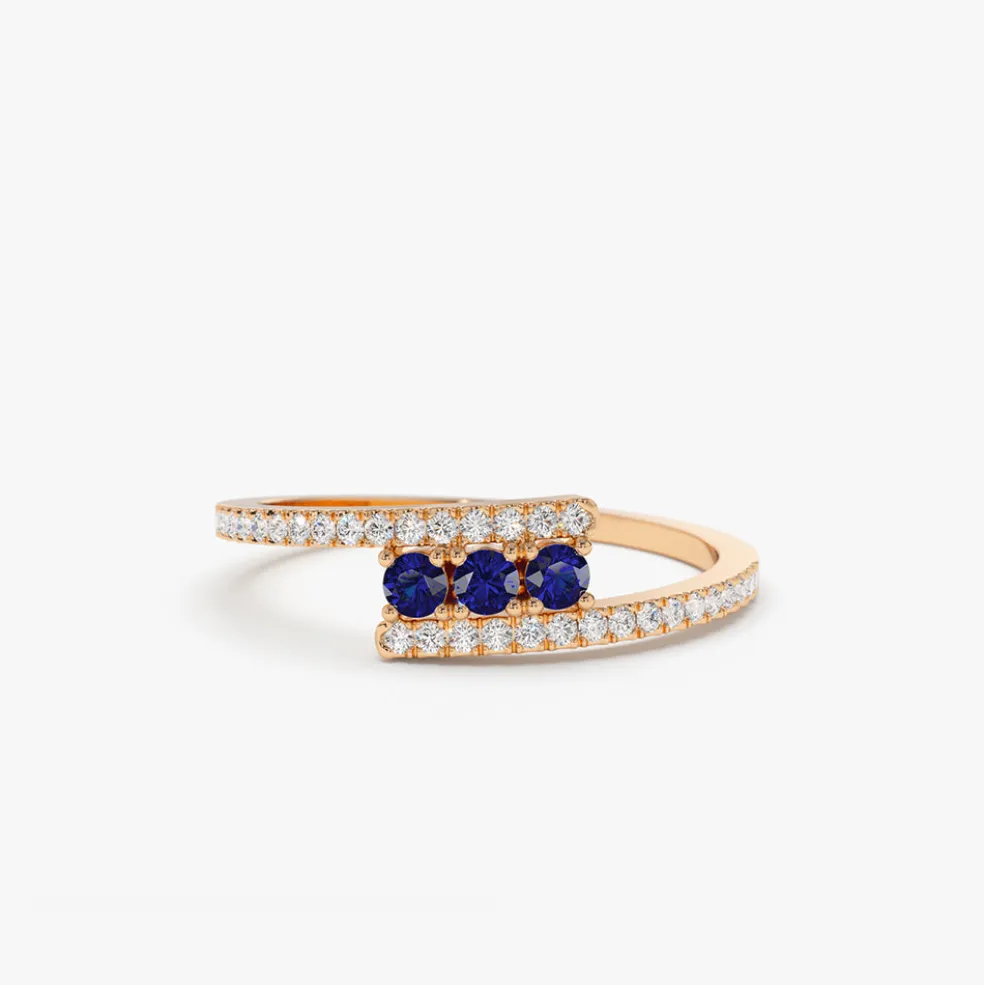 14k Cross Over Diamond Ring with Round Blue Sapphires