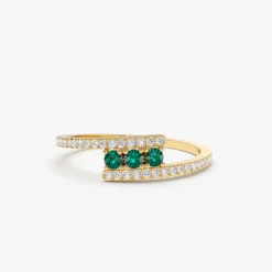 14k Cross Over Diamond Ring with Round Emeralds