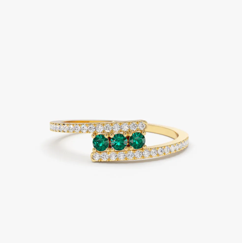 14k Cross Over Diamond Ring with Round Emeralds