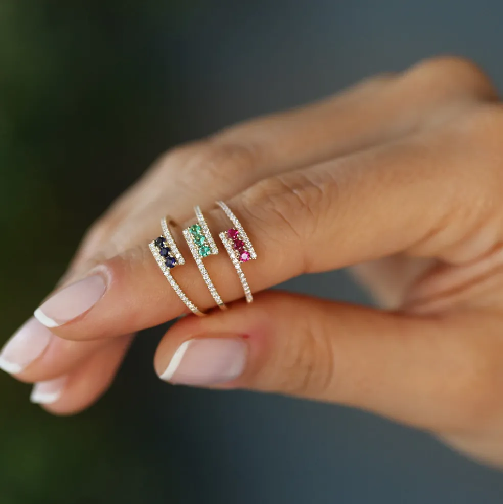 14k Cross Over Diamond Ring with Round Emeralds