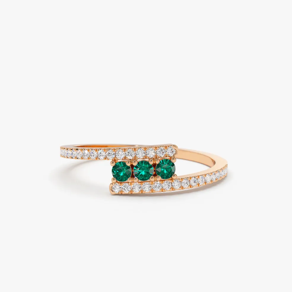 14k Cross Over Diamond Ring with Round Emeralds