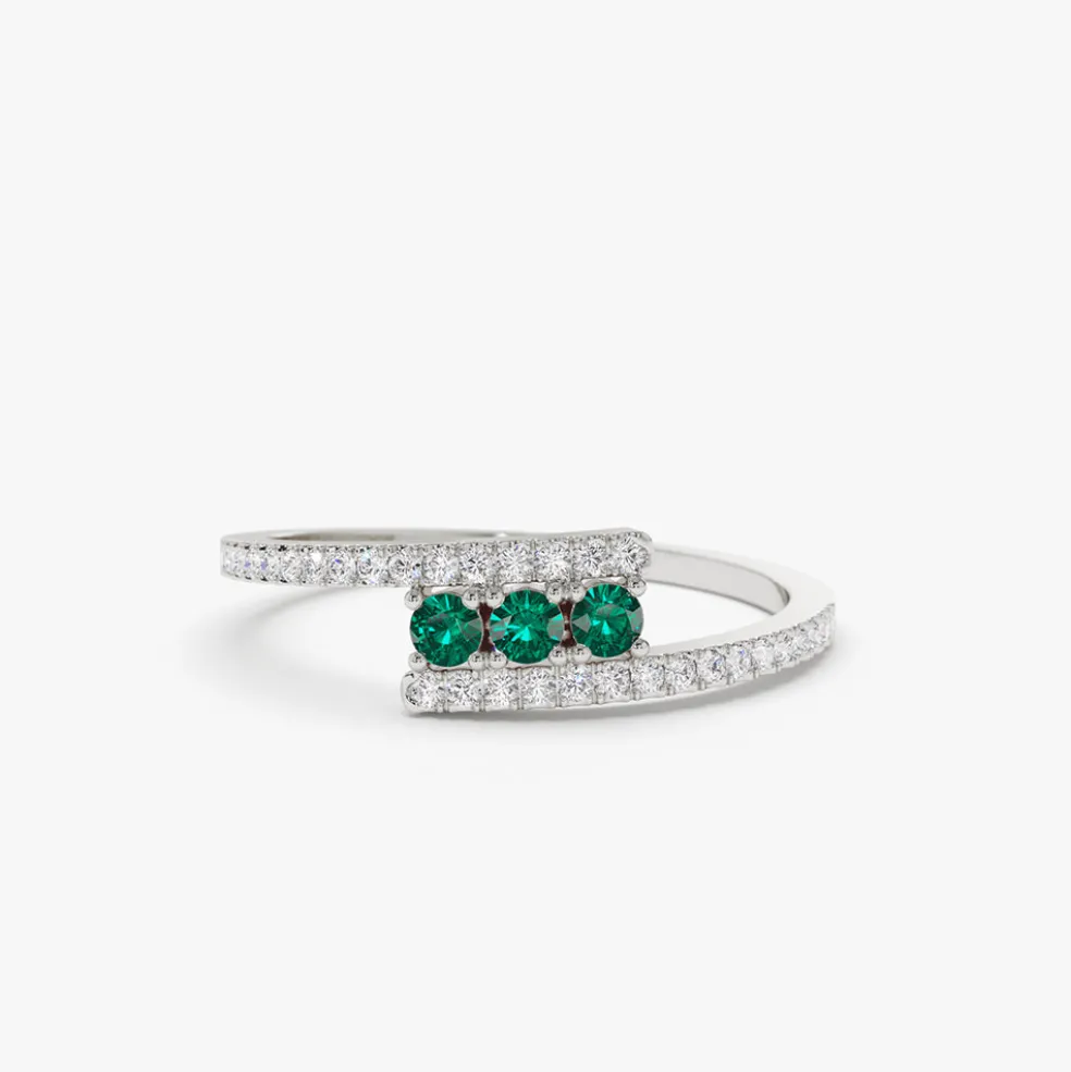 14k Cross Over Diamond Ring with Round Emeralds
