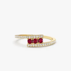 14k Cross Over Diamond Ring with Round Rubies