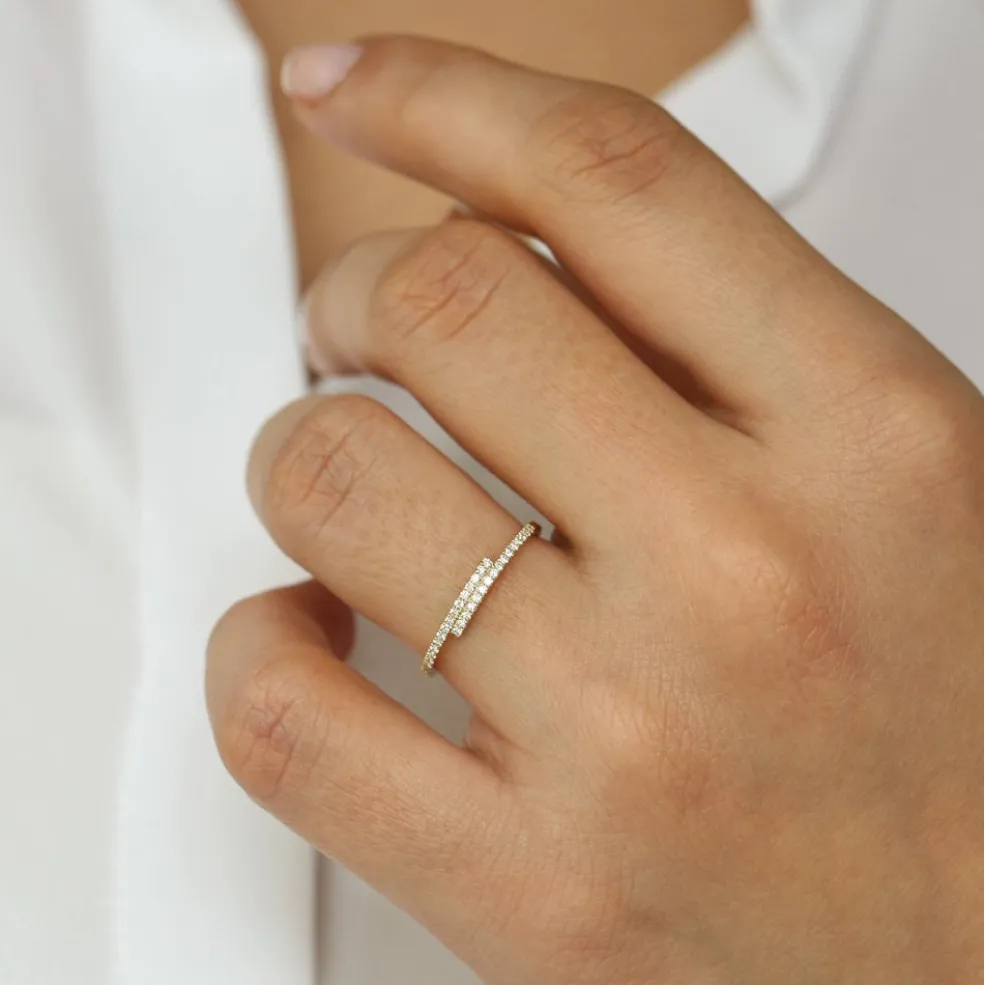 14k Cross Over Diamond Stackable Ring