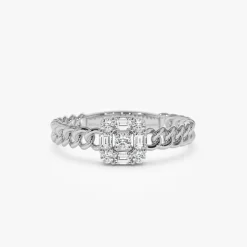 14k Curb Link Illusion Setting Baguette Diamond Ring