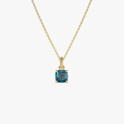 14K Cushion Cut London Blue Topaz Solitaire Necklace