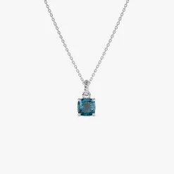 14K Cushion Cut London Blue Topaz Solitaire Necklace