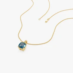 14K Cushion Cut London Blue Topaz Solitaire Necklace