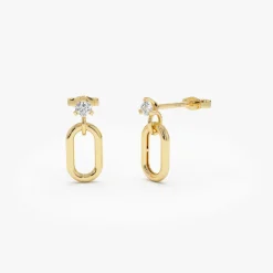 14k Dainty Dangline Oval Link Diamond Earrings