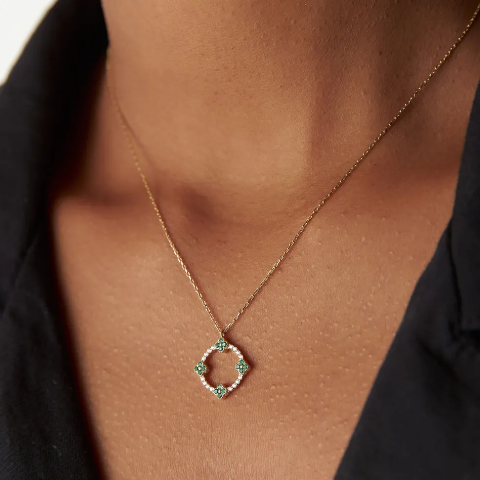 14k Diamond and Emerald Clover Necklace