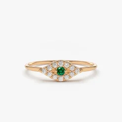 14K Diamond and Emerald Evil Eye Ring