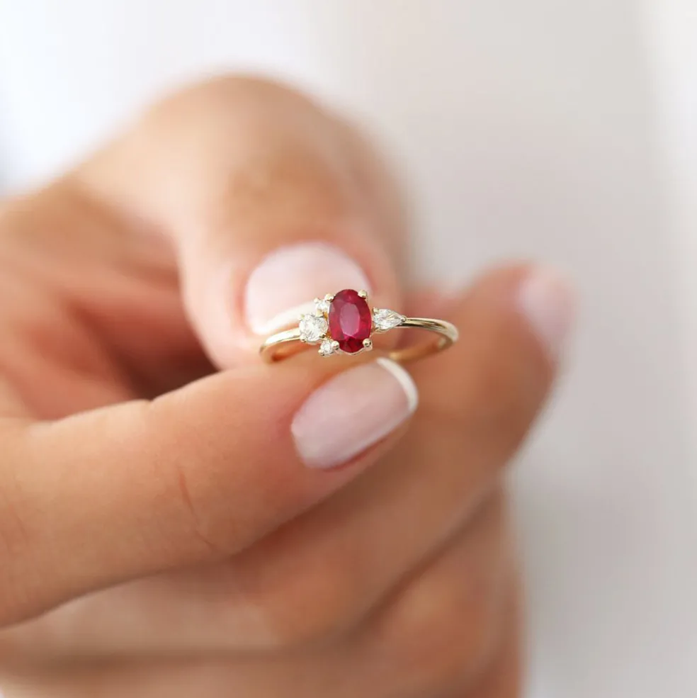 14k Diamond and Oval Ruby Ring